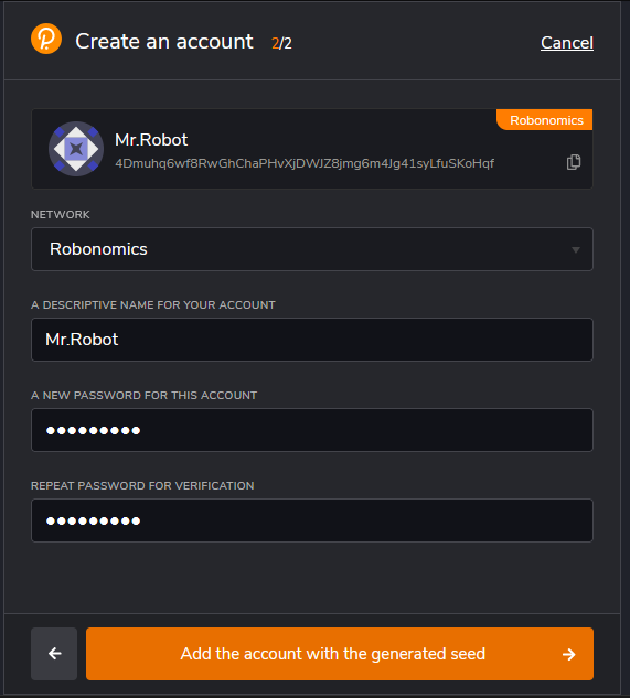 Account creation, step two